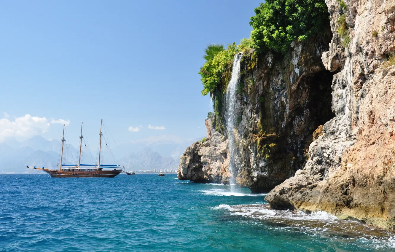 Photo wallpaper sea, ship, waterfall, Turkey, Antalya