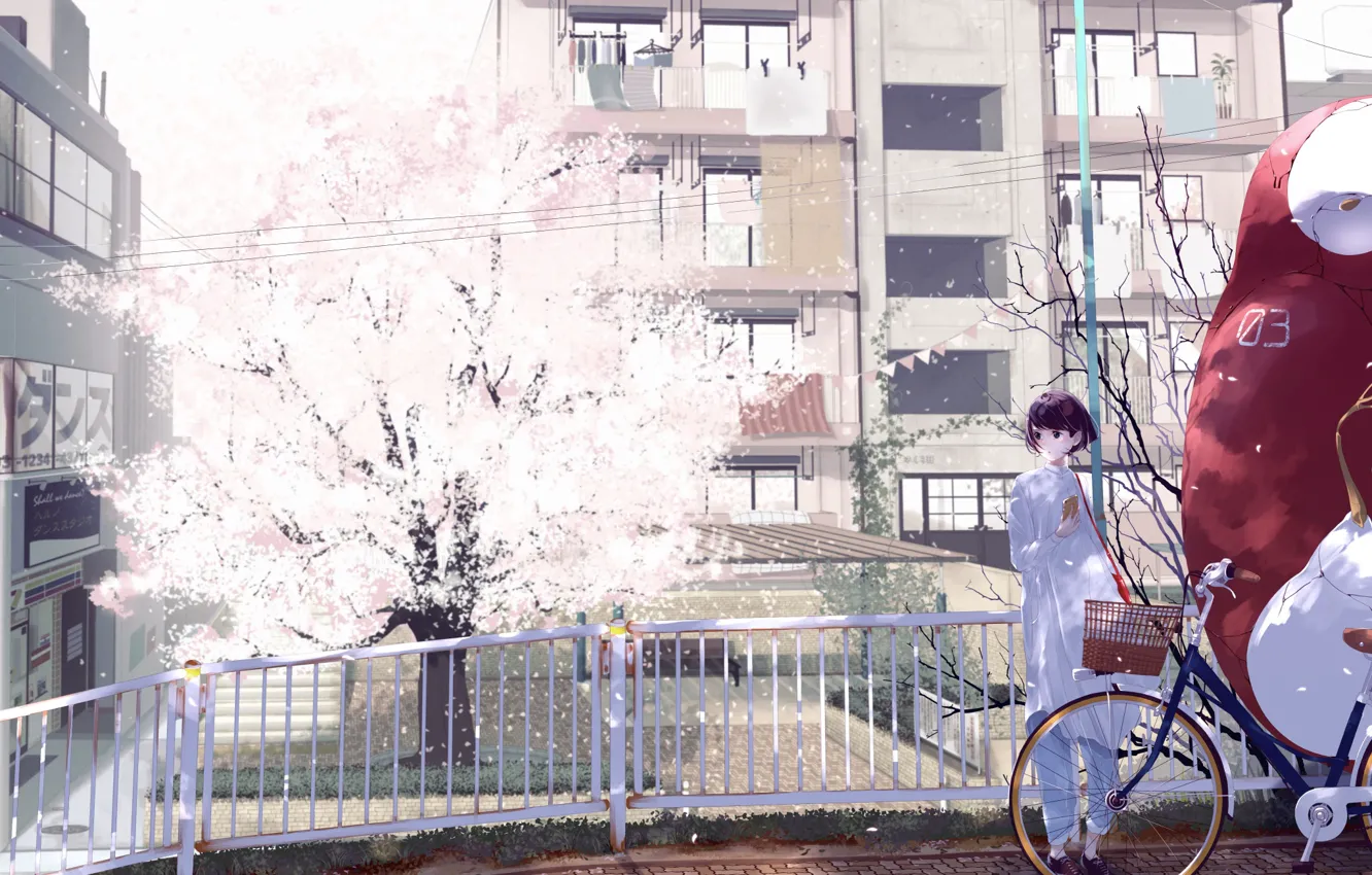 Photo wallpaper girl, bridge, bike, the city, tree, home, anime, Sakura