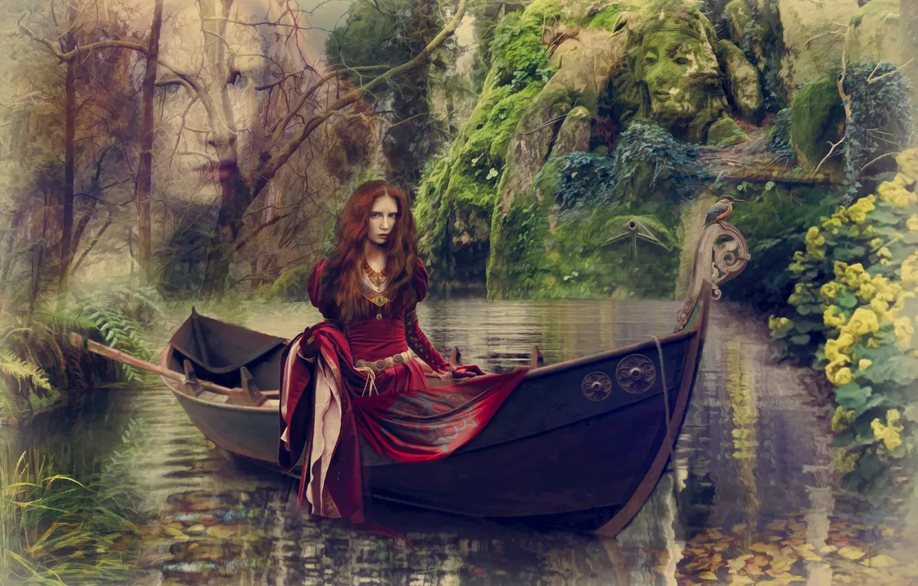 Photo wallpaper girl, trees, lake, collage, boat, art, Kingfisher