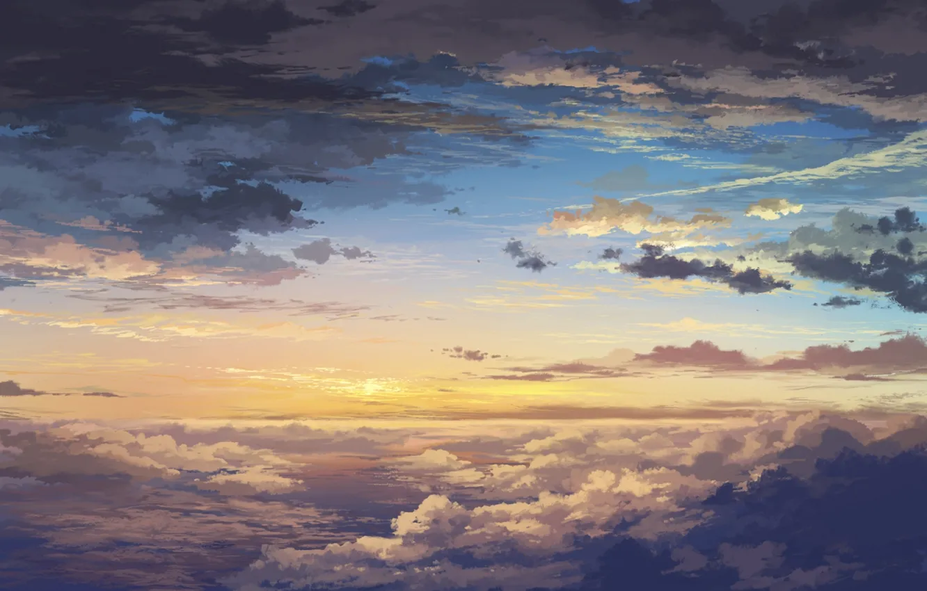 Photo wallpaper the sky, clouds, landscape, sunset, clouds, dawn, height, art