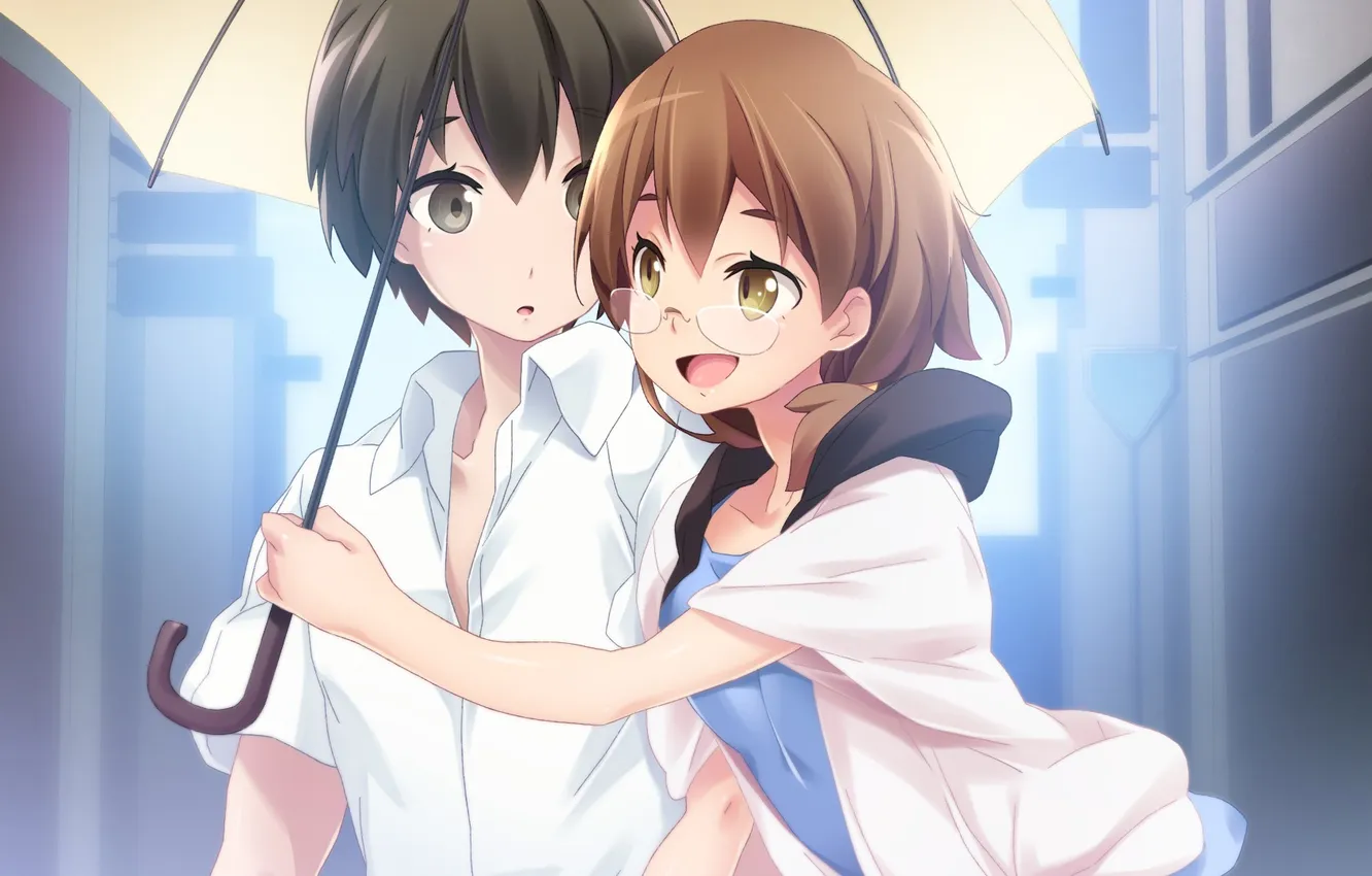 Photo wallpaper girl, umbrella, anime, art, glasses, guy, students, embarrassment