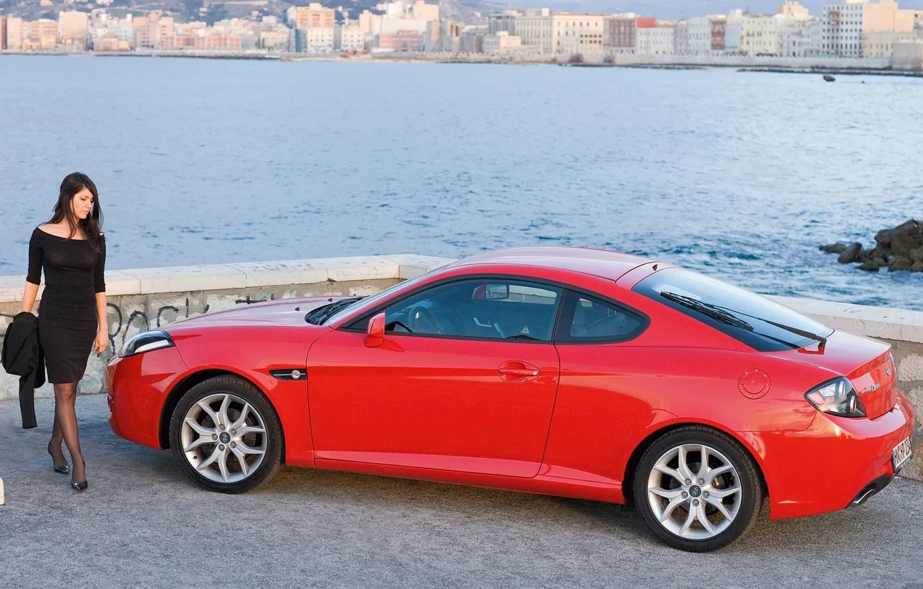 Photo wallpaper water, girl, red, the city, coupe, Hyundai, side view, Coupe
