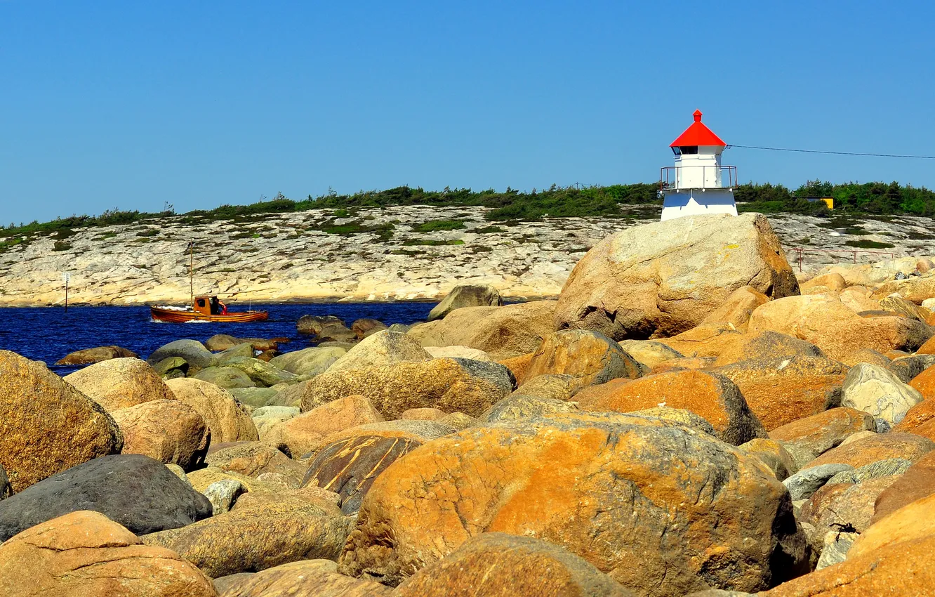 Photo wallpaper sea, stones, coast, lighthouse, Norway, boat, Ostfold, Spjaer