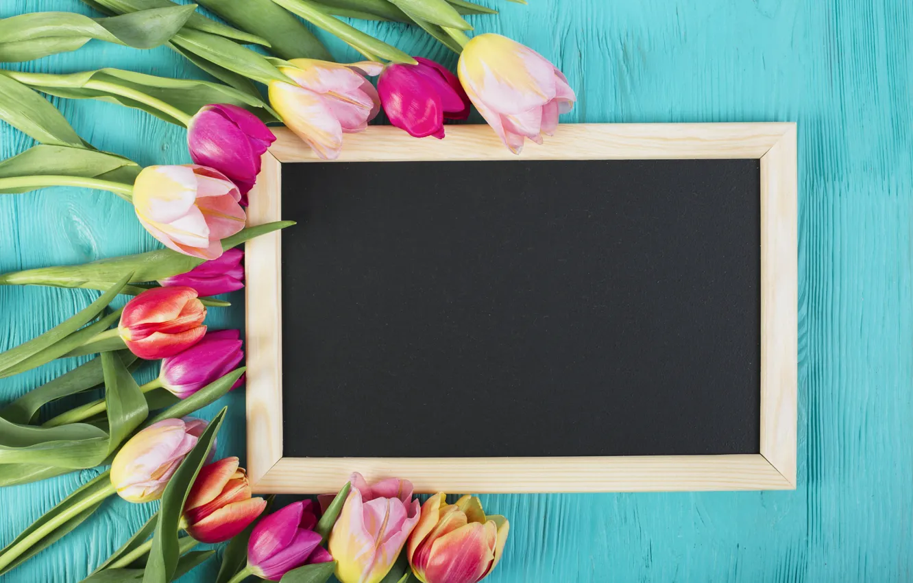 Photo wallpaper flowers, frame, colorful, tulips, wood, flowers, tulips, spring