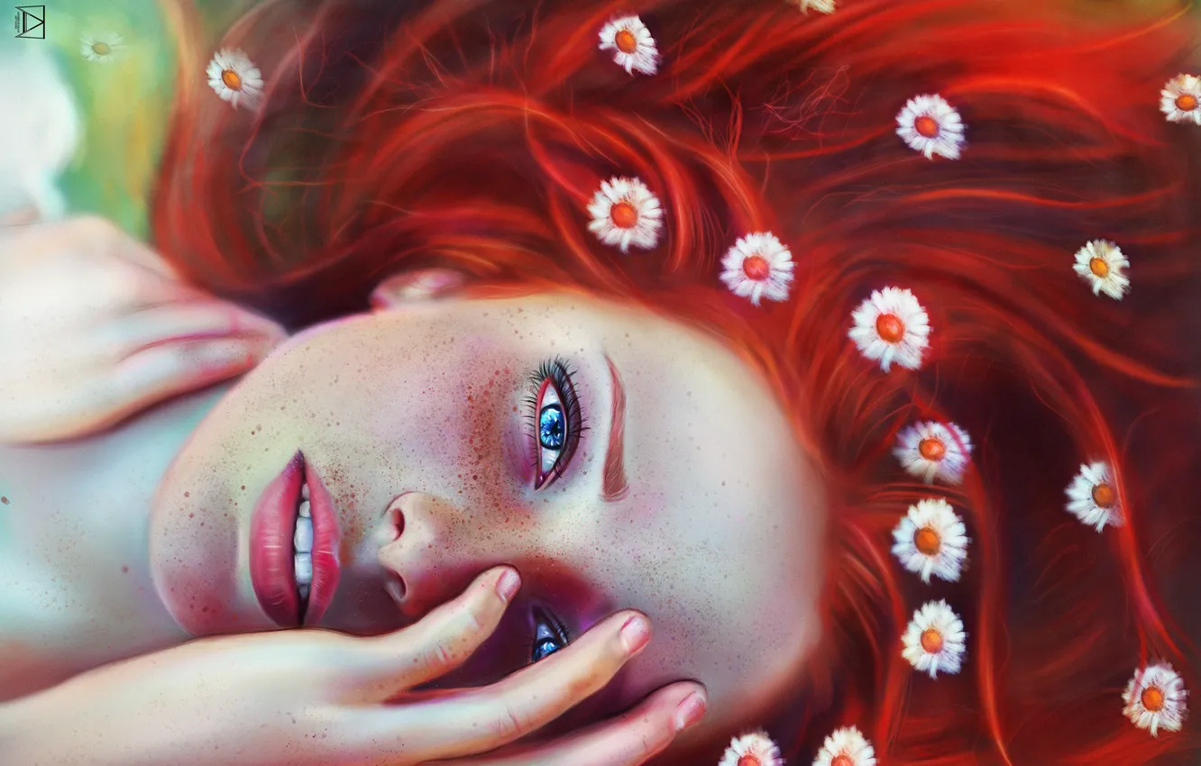 Photo wallpaper eyes, look, girl, face, freckles, red, flowers
