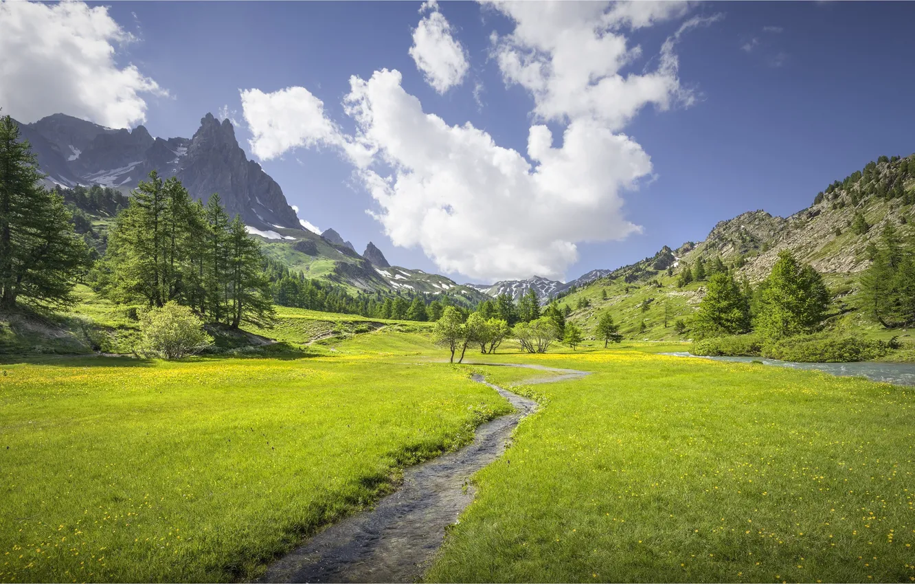 Photo wallpaper the sky, clouds, mountains, valley