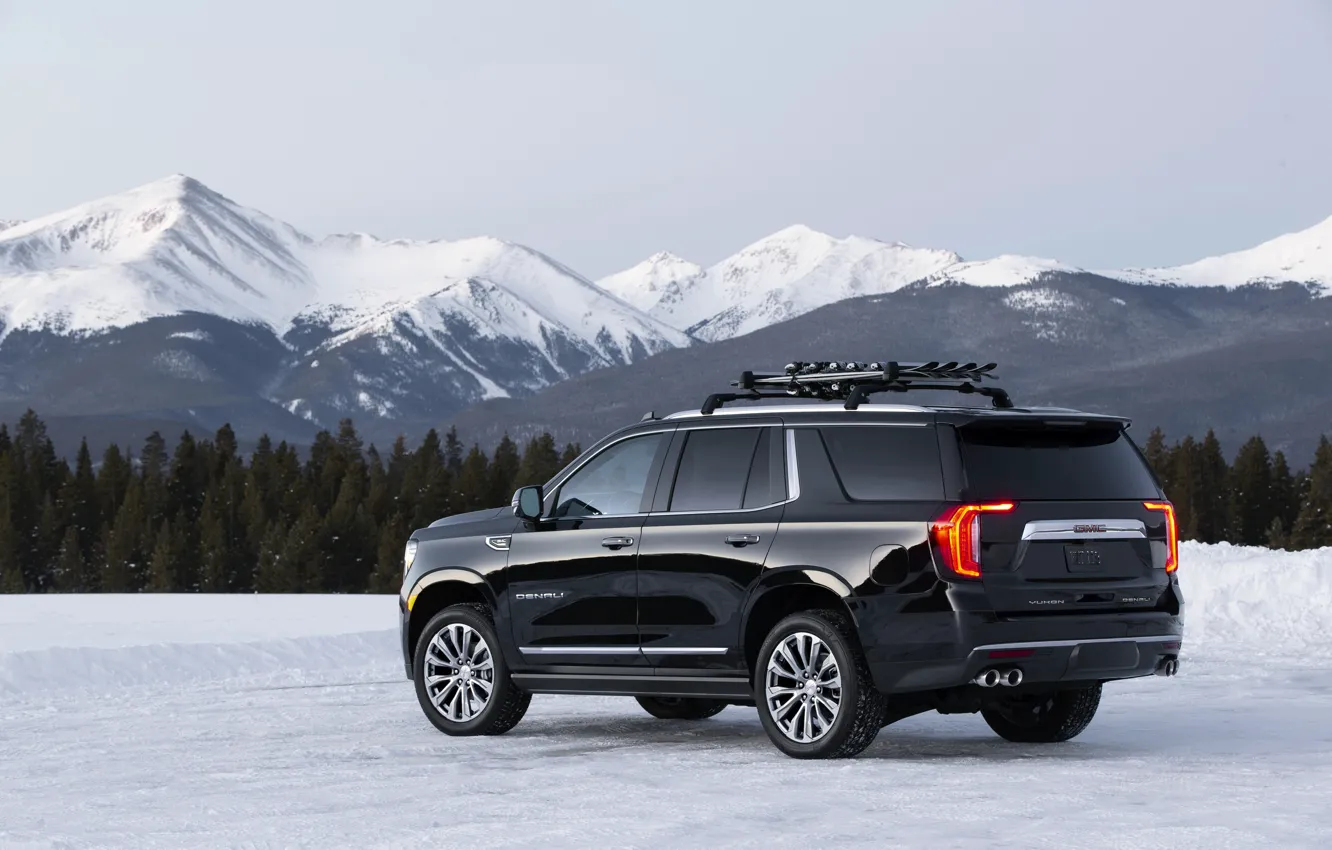 Photo wallpaper snow, mountains, tops, side, GMC, SUV, Denali, Yukon