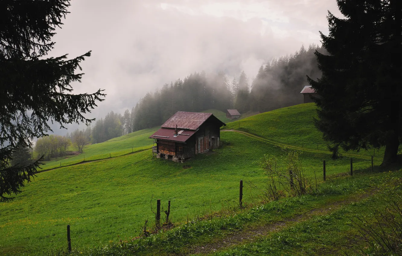 Photo wallpaper clouds, mountains, house