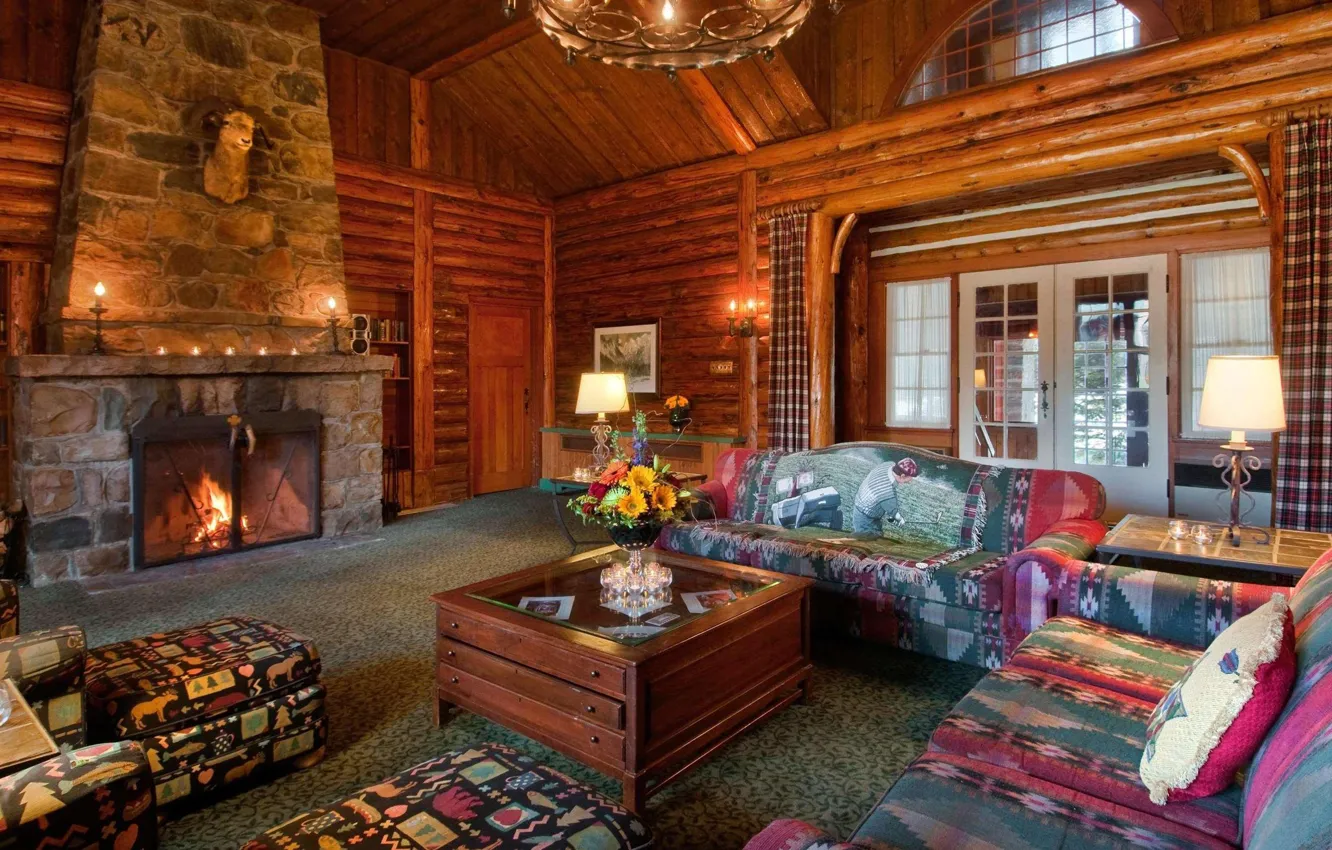 Photo wallpaper interior, Canada, Albert, fireplace, Jasper, Alberta, living room, Jasper