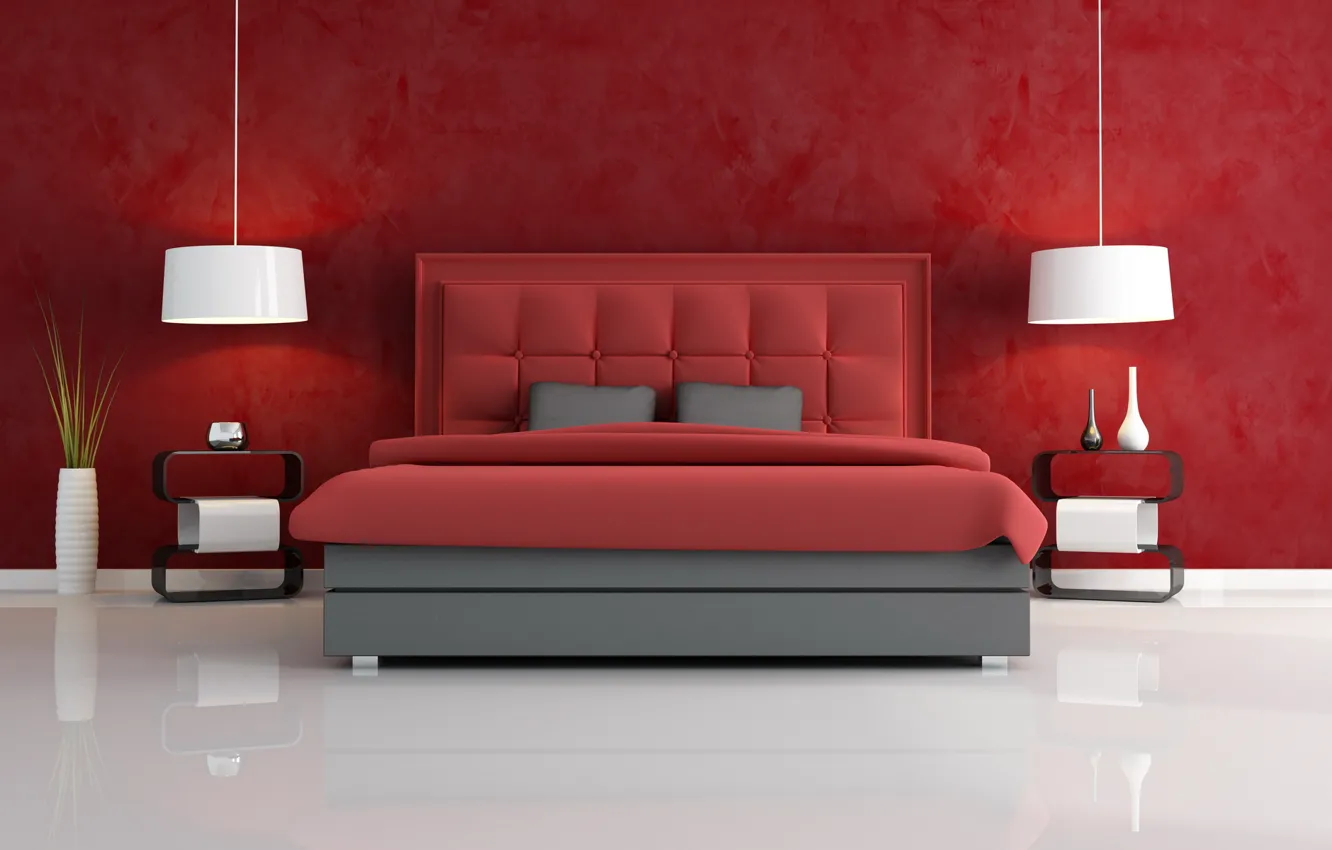 Photo wallpaper white, red, style, room, bed, vases