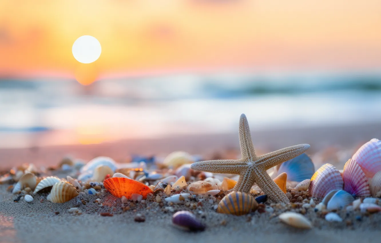 Photo wallpaper sea, beach, the ocean, shore, shell, starfish, seashells, seashell