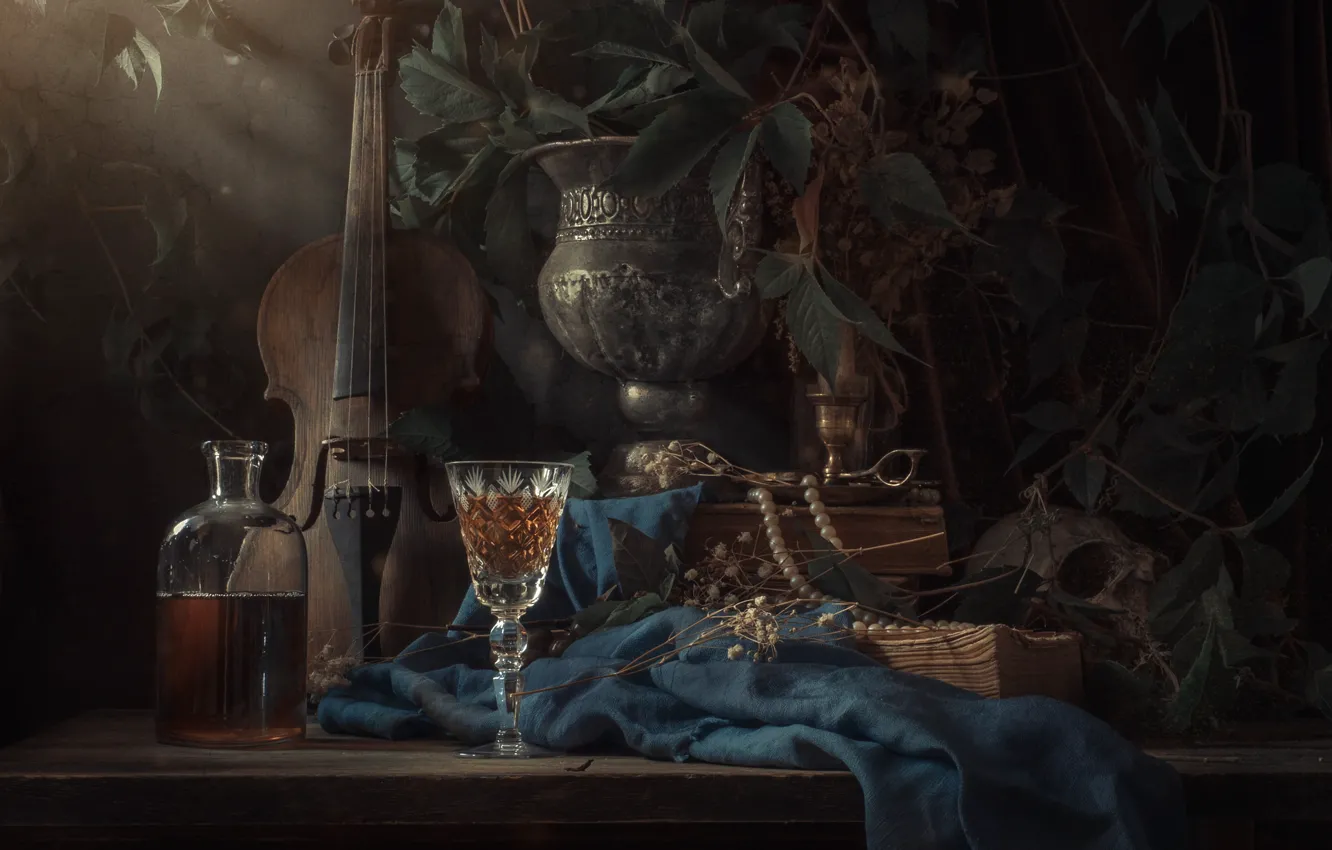 Photo wallpaper violin, glass, skull, necklace, book, still life