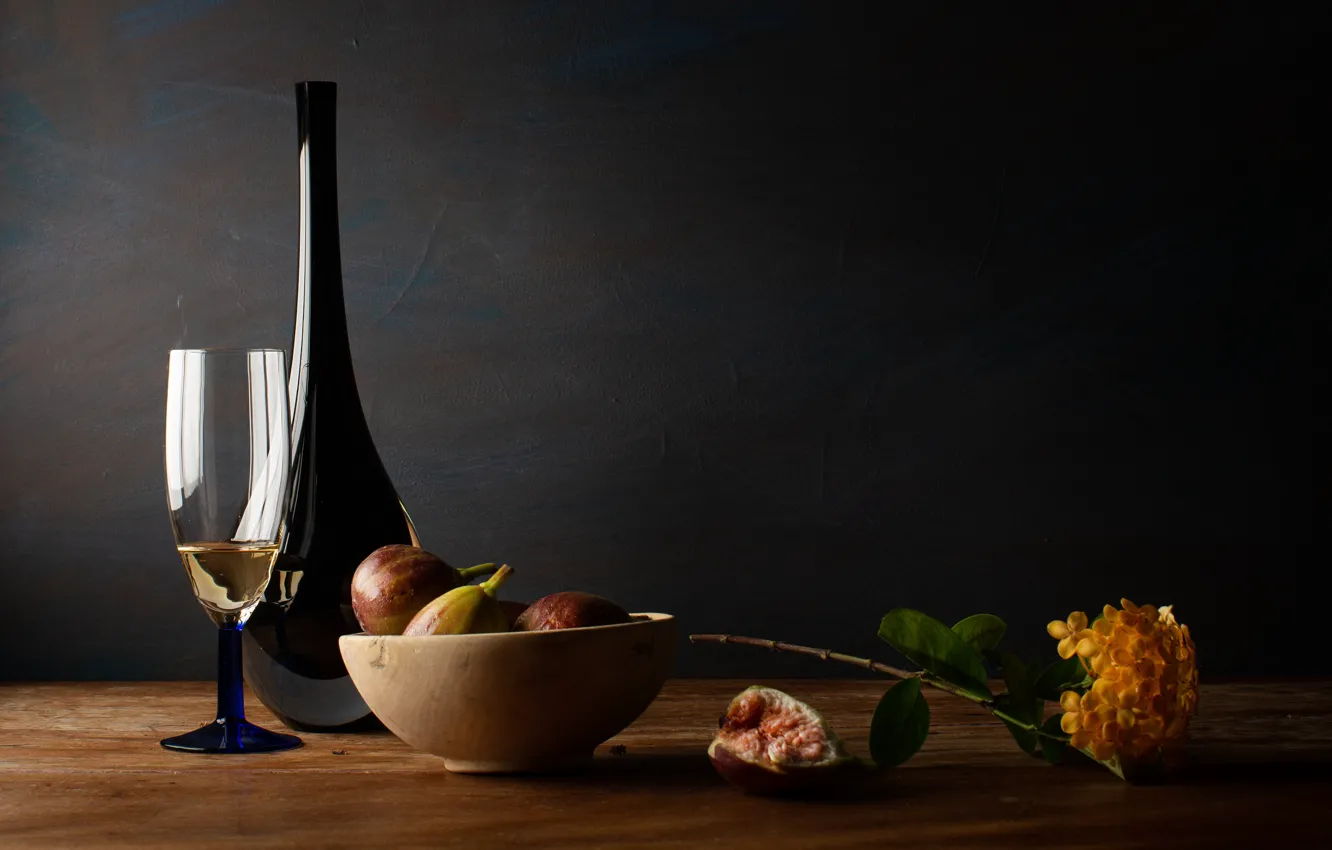 Photo wallpaper light, flowers, branches, the dark background, wine, glass, bottle, window