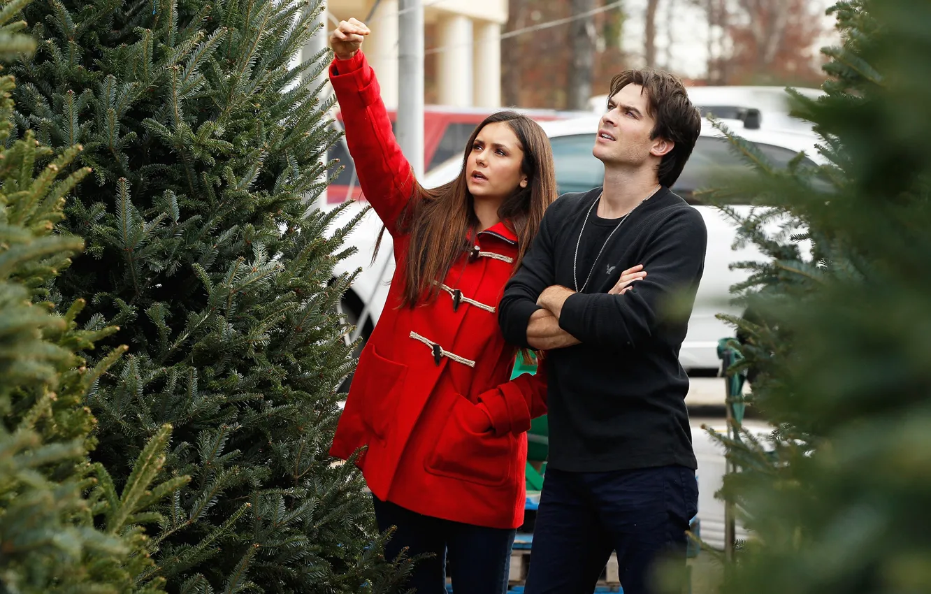 Photo wallpaper look, girl, tree, pair, male, lovers, Nina Dobrev, coat