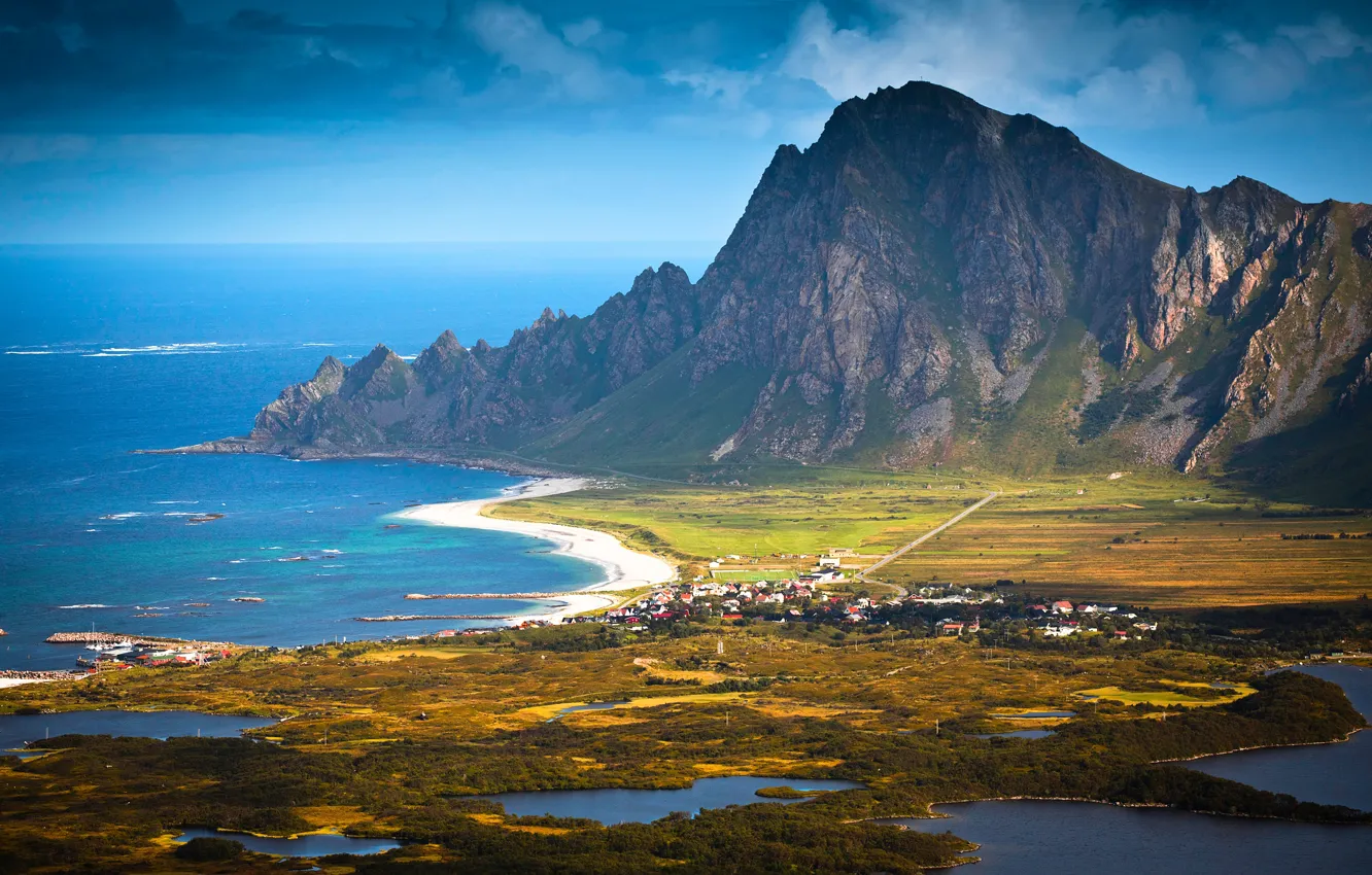 Photo wallpaper sea, the sky, the sun, clouds, mountains, rocks, coast, horizon