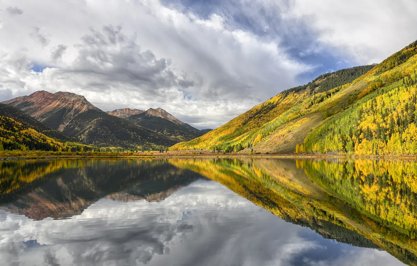 Photo wallpaper autumn, forest, the sky, clouds, mountains, lake, reflection, shore