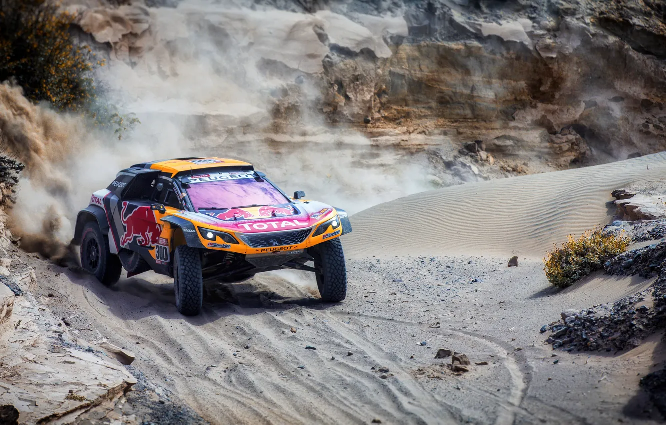 Photo wallpaper Sand, Auto, Sport, Machine, Speed, Race, Peugeot, Red Bull