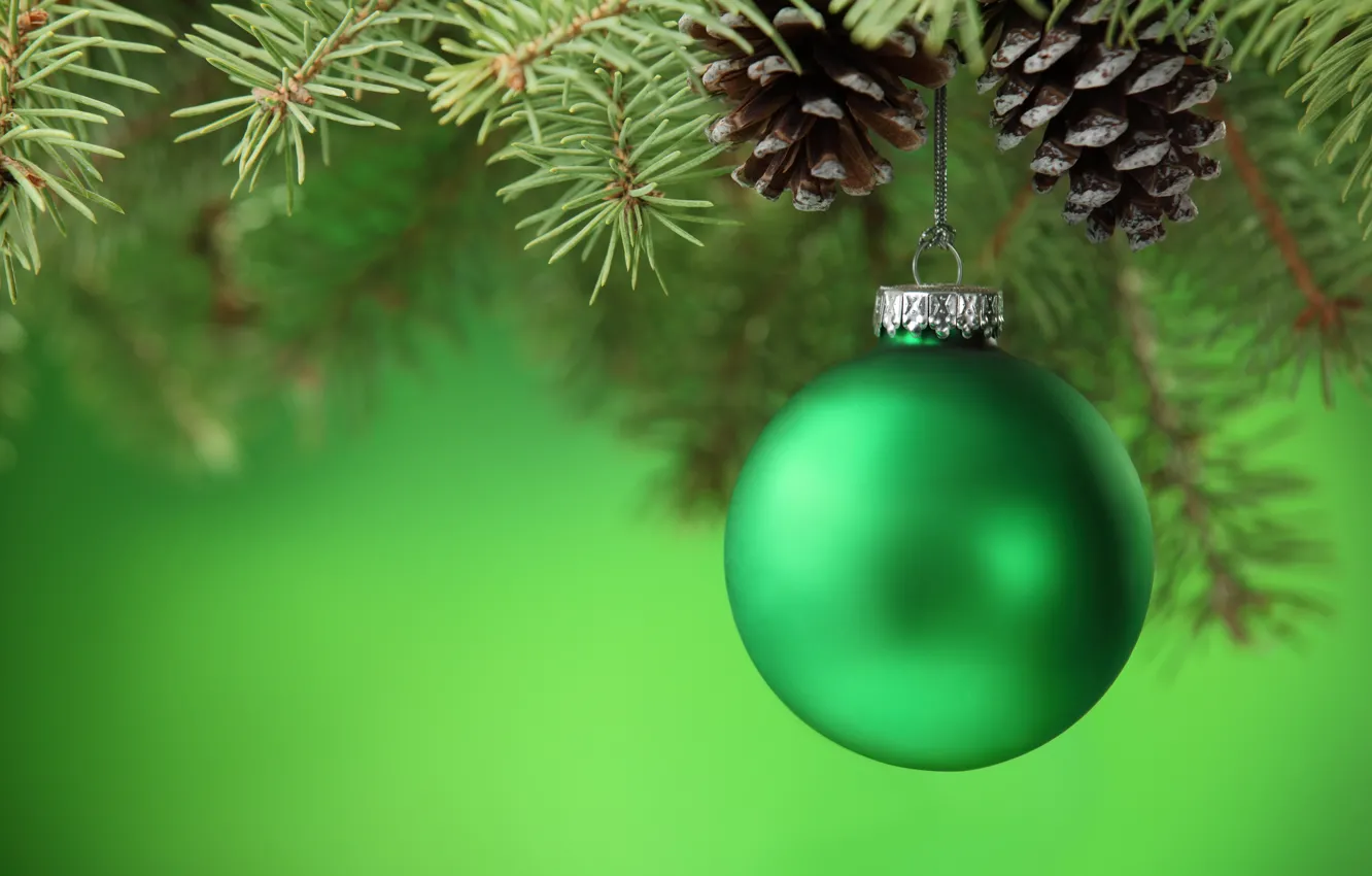 Photo wallpaper balls, branches, green, balls, toy, tree, new year, spruce