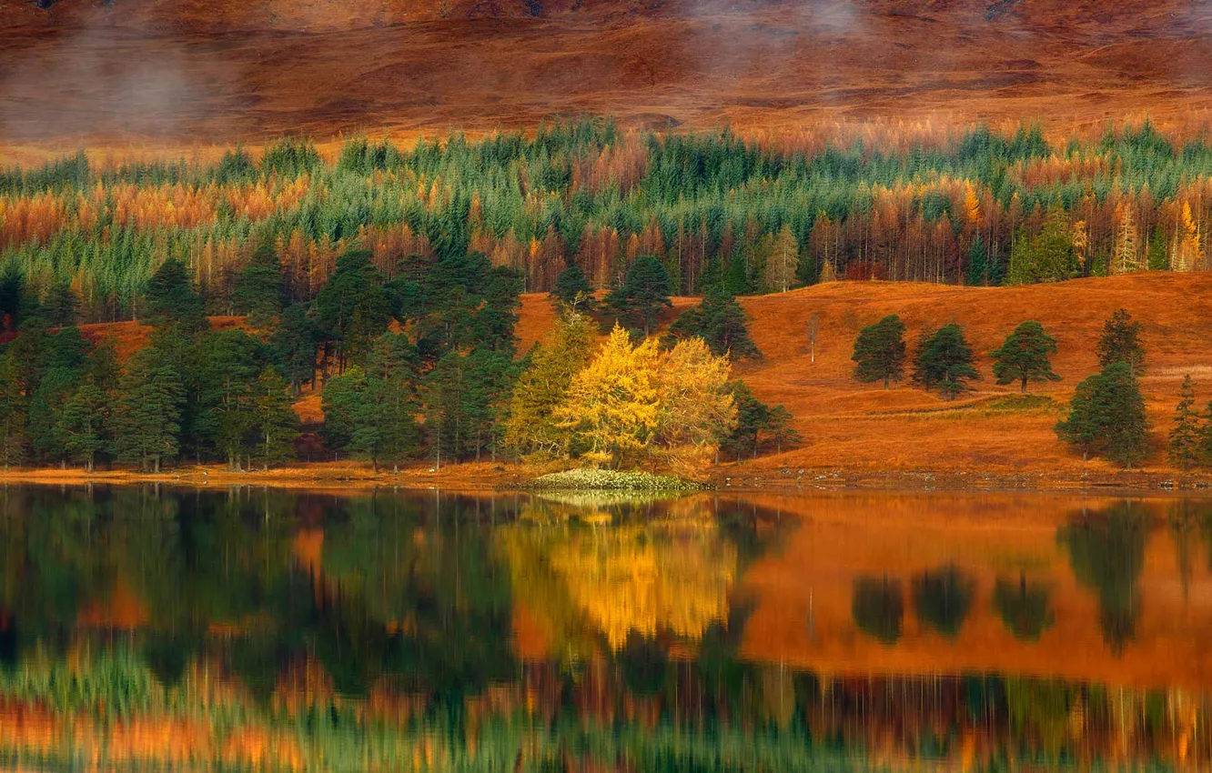 Photo wallpaper autumn, Scotland, lake Talla