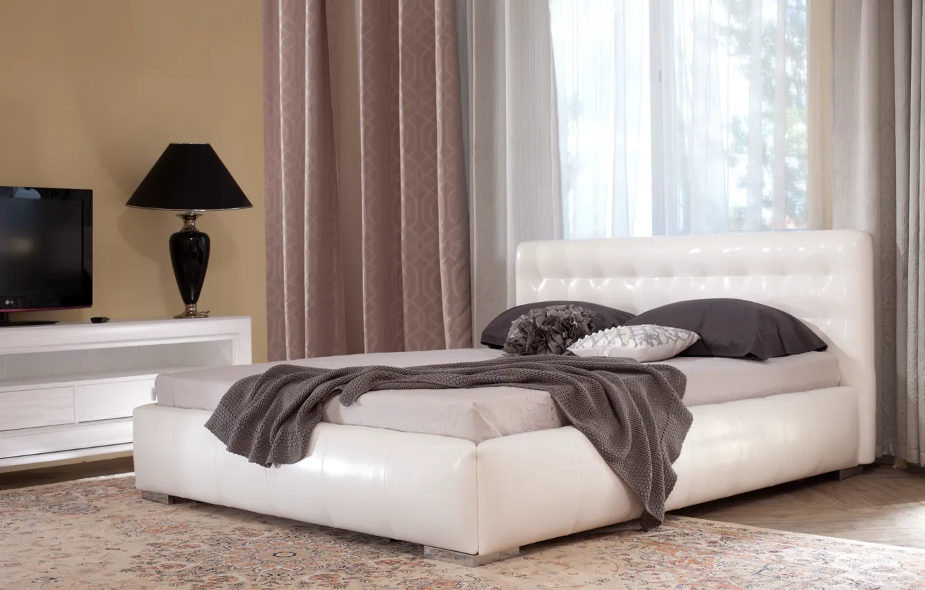 Photo wallpaper comfort, carpet, lamp, bed, pillow, TV, window, bed