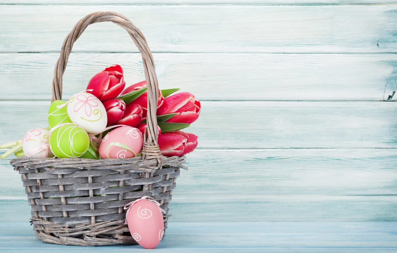 Photo wallpaper flowers, eggs, spring, colorful, Easter, tulips, red, wood