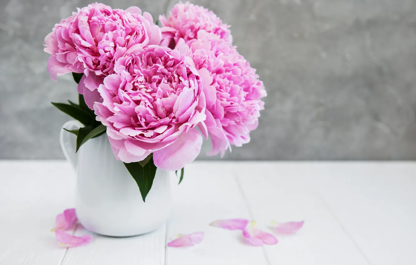 Photo wallpaper flowers, pink, wood, pink, flowers, peonies, peonies