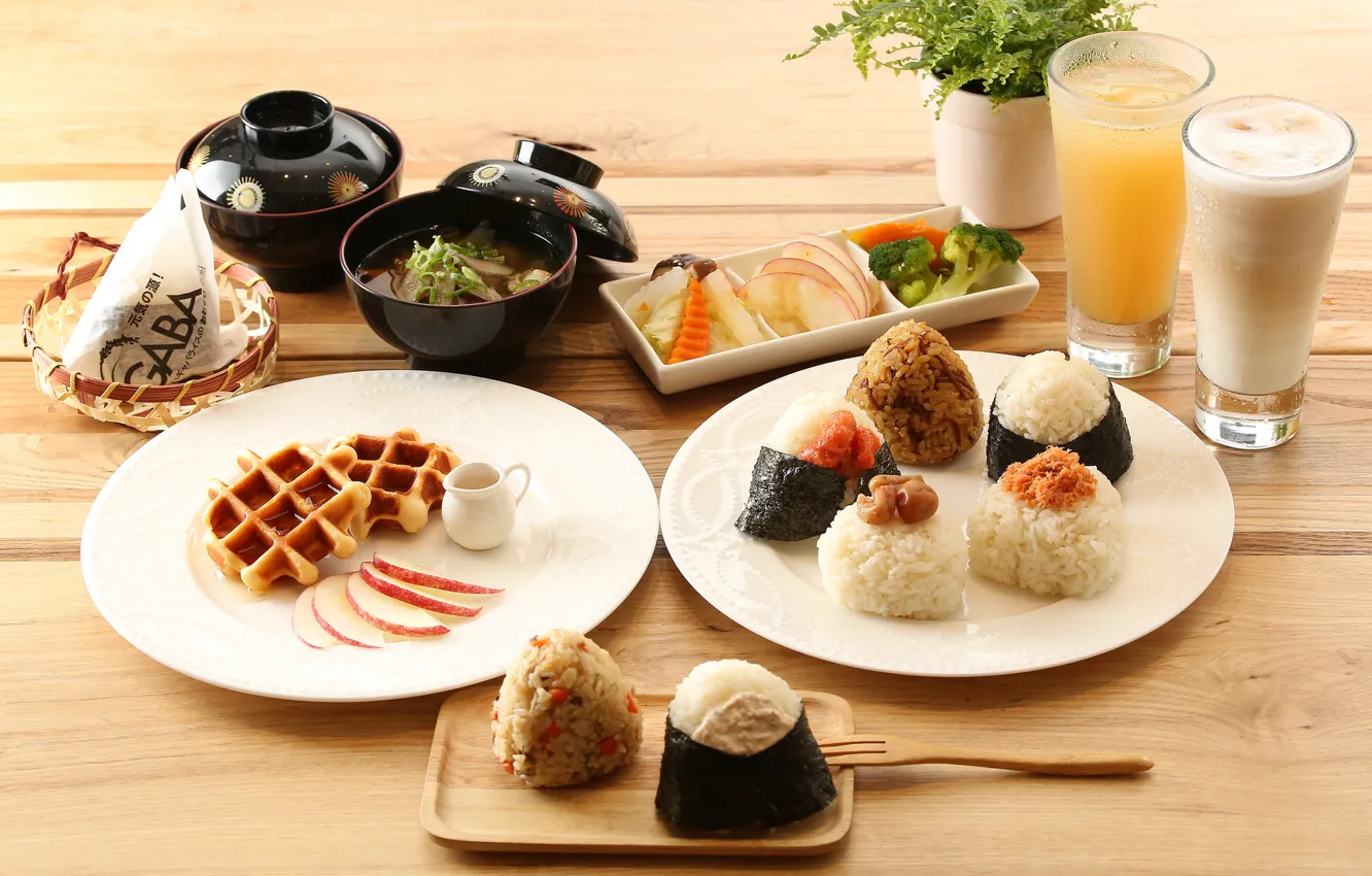 Photo wallpaper Breakfast, soup, figure, drinks, vegetables, waffles, rolls