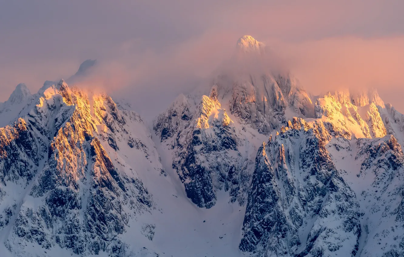 Photo wallpaper winter, the sky, light, snow, landscape, mountains, fog, rocks