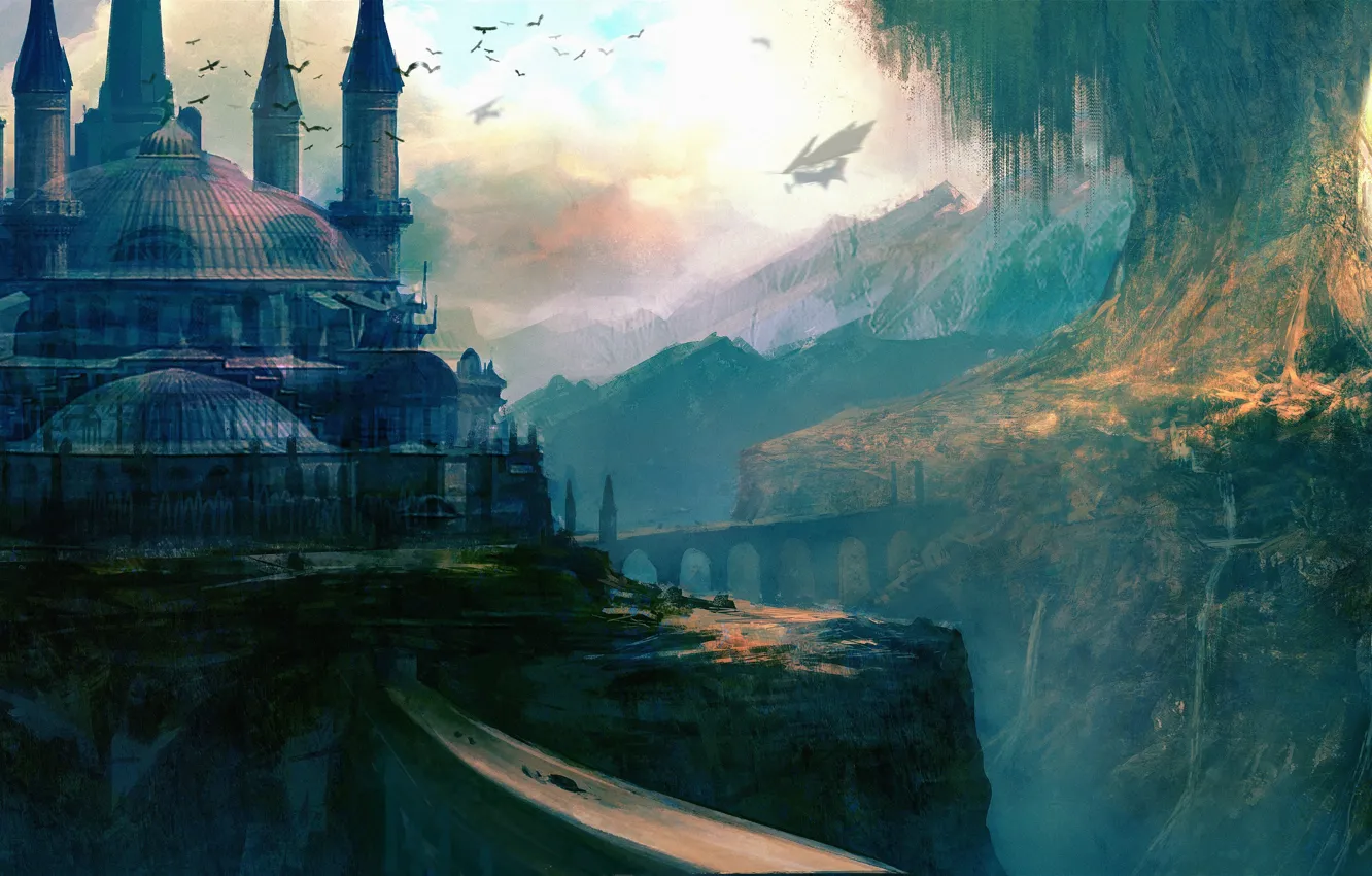 Photo wallpaper the sky, clouds, trees, mountains, fiction, ship, building, art