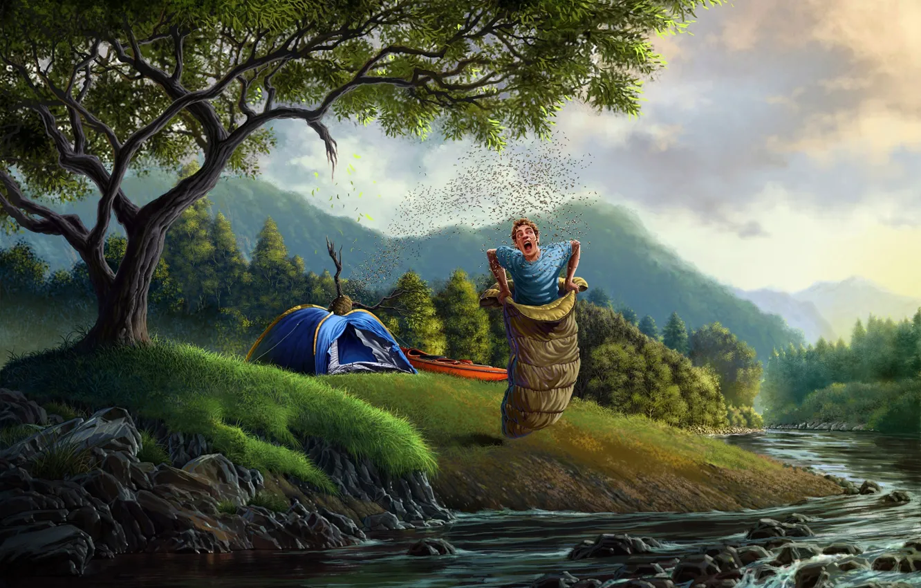 Photo wallpaper forest, trees, river, bee, art, tent, guy, sleeping bag