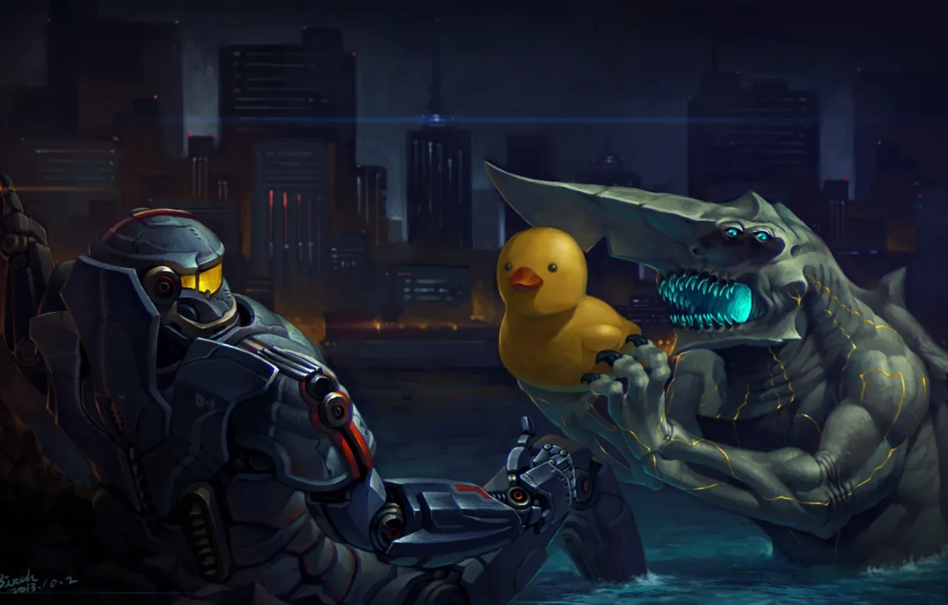 Photo wallpaper the city, lake, robot, monster, humor, art, Bay, duck