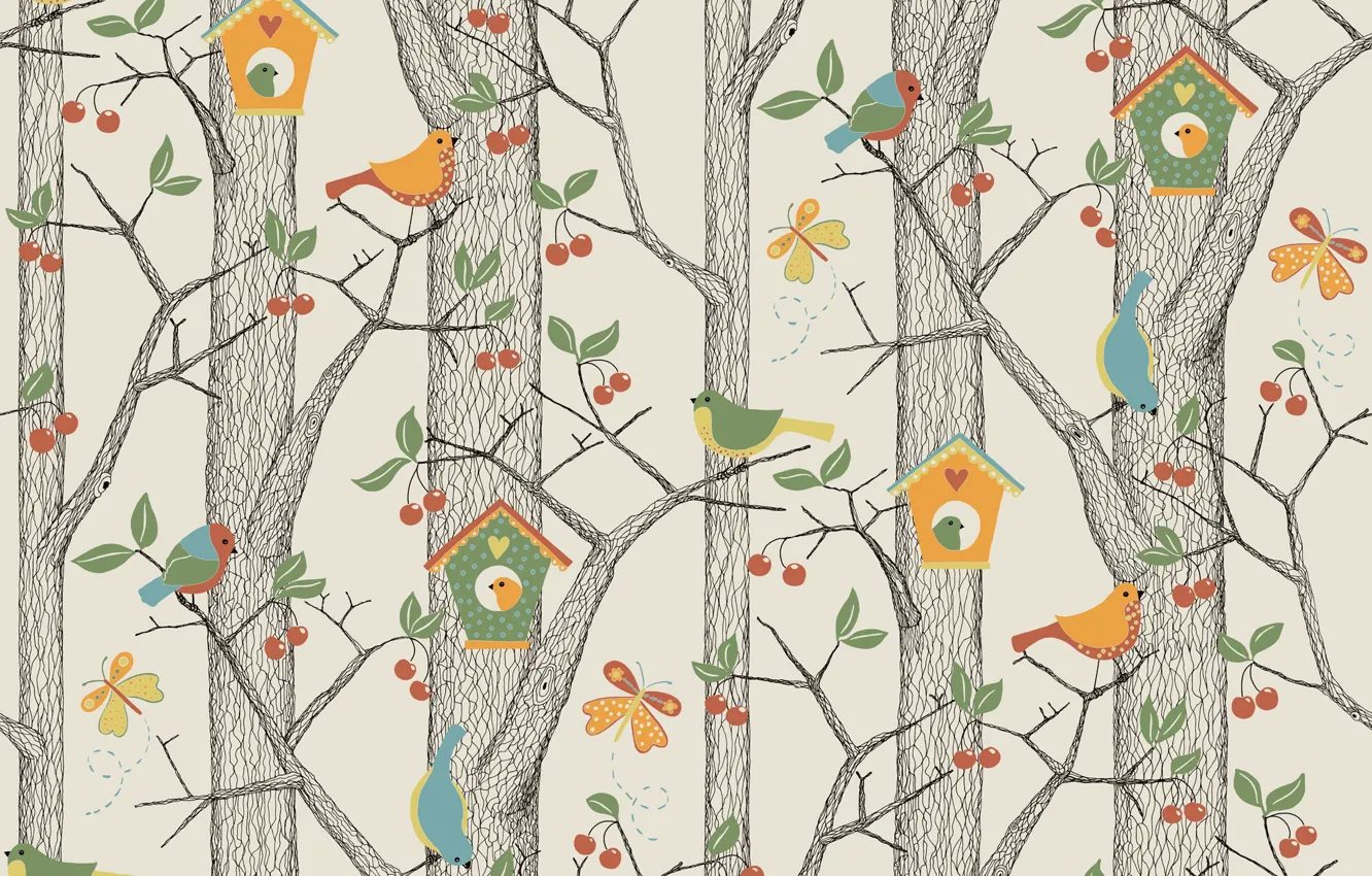 Photo wallpaper forest, vector, art, birdhouse, bird, children's