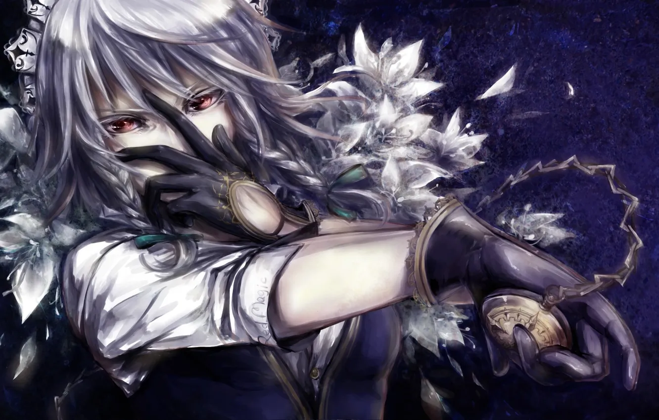 Photo wallpaper girl, flowers, watch, gesture, touhou, art, Izayoi Sakuya, cham811