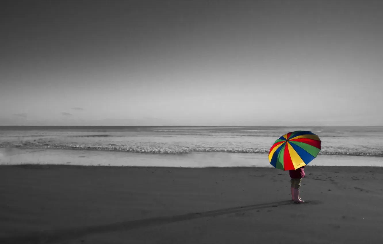 Photo wallpaper sea, mood, umbrella, girl