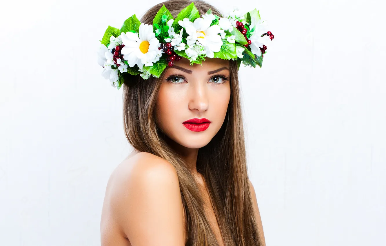 Photo wallpaper look, girl, flowers, background, makeup, shoulders, wreath, red lips