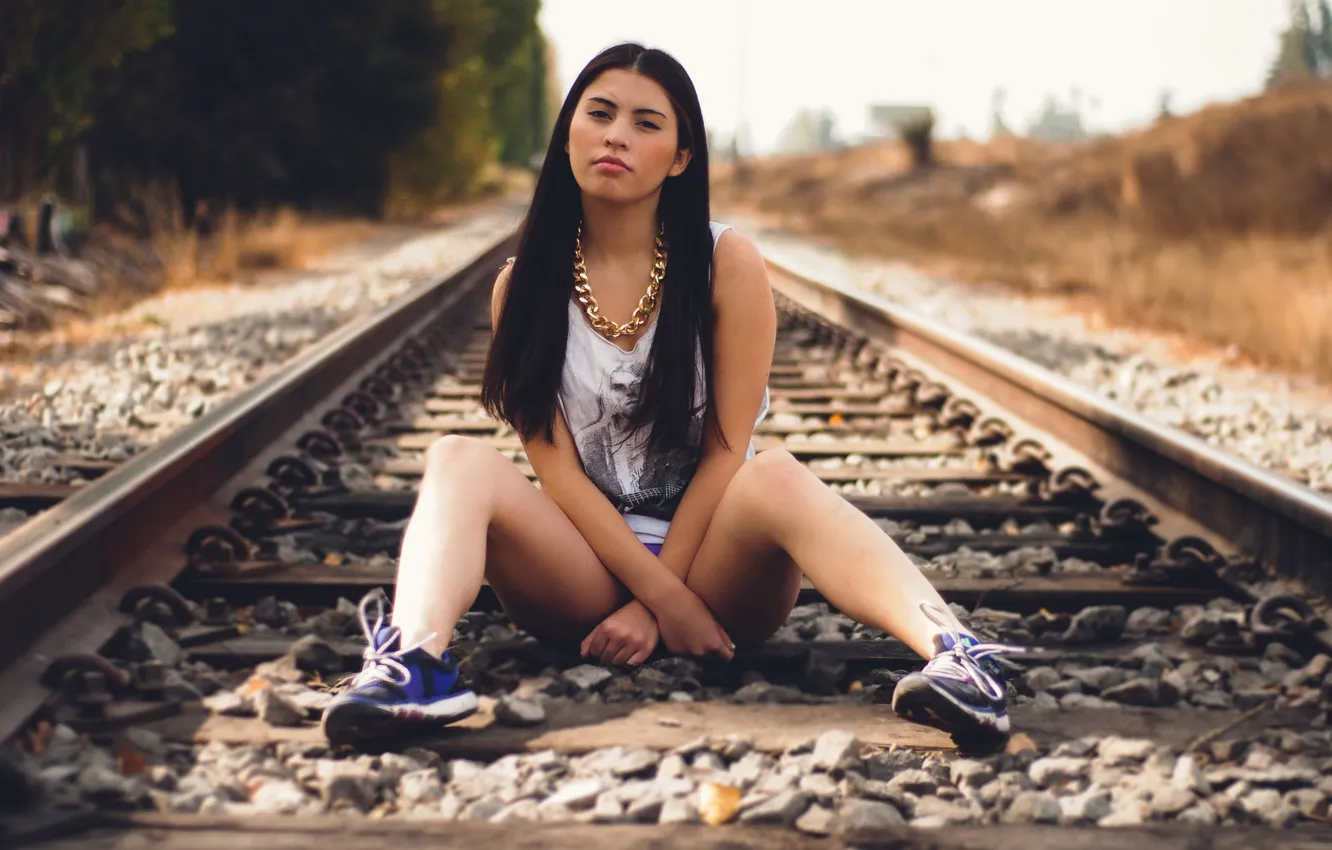 Photo wallpaper look, girl, railroad