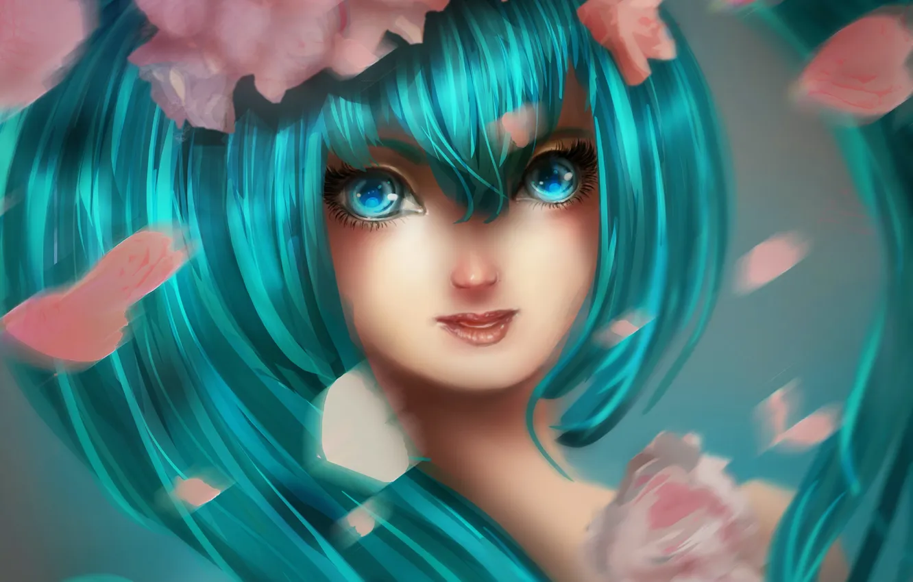 Photo wallpaper face, hair, vocaloid, hatsune miku, fan art, ElMarten