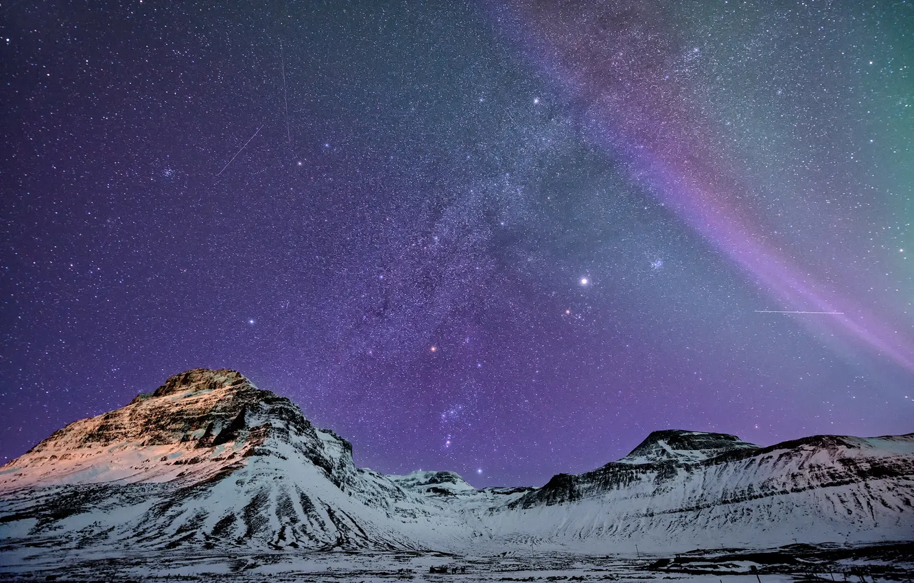 Photo wallpaper the sky, stars, mountains, night, mountain, Iceland, by Greg Annandale
