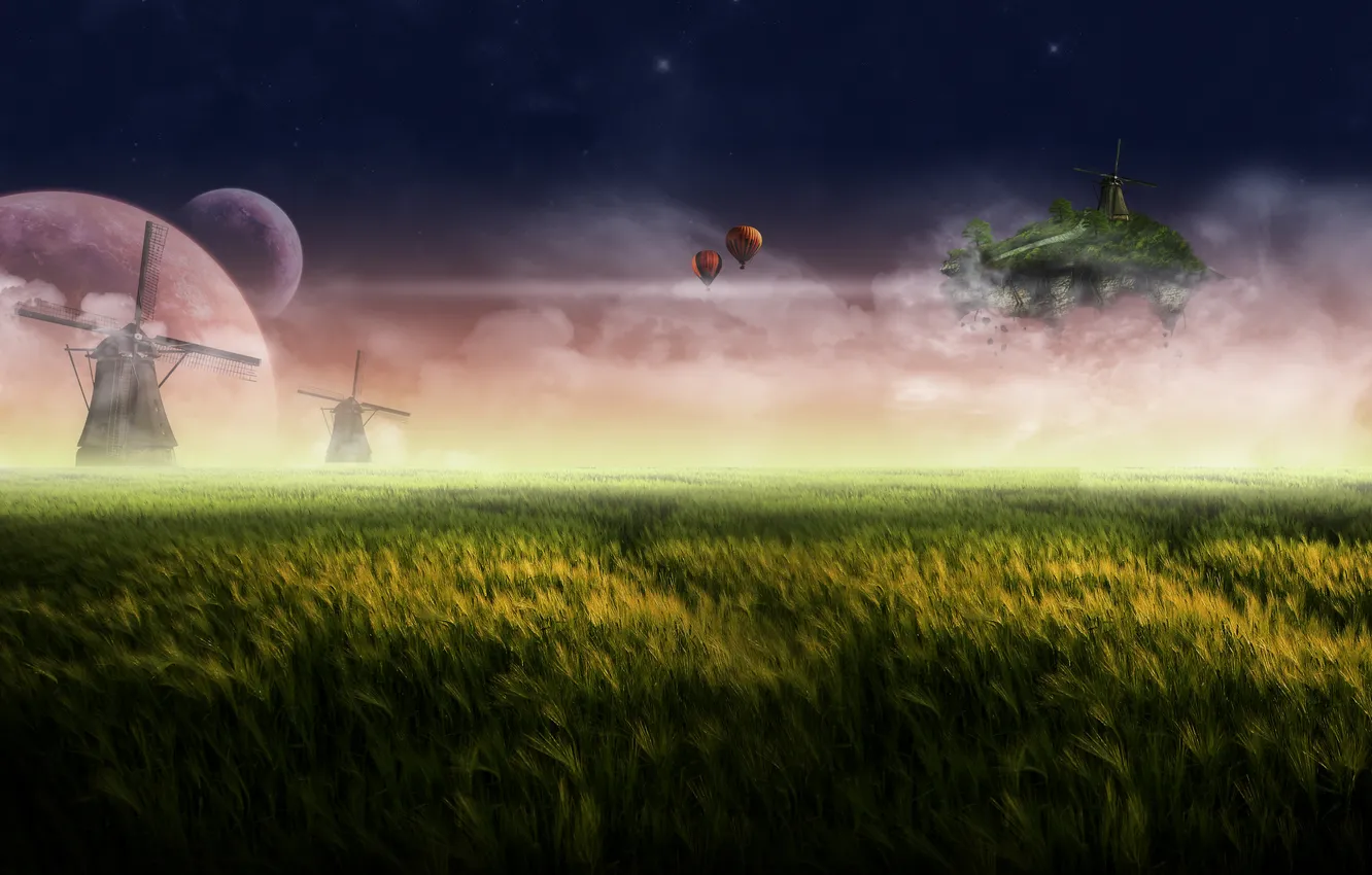 Photo wallpaper grass, island, mill, volatile