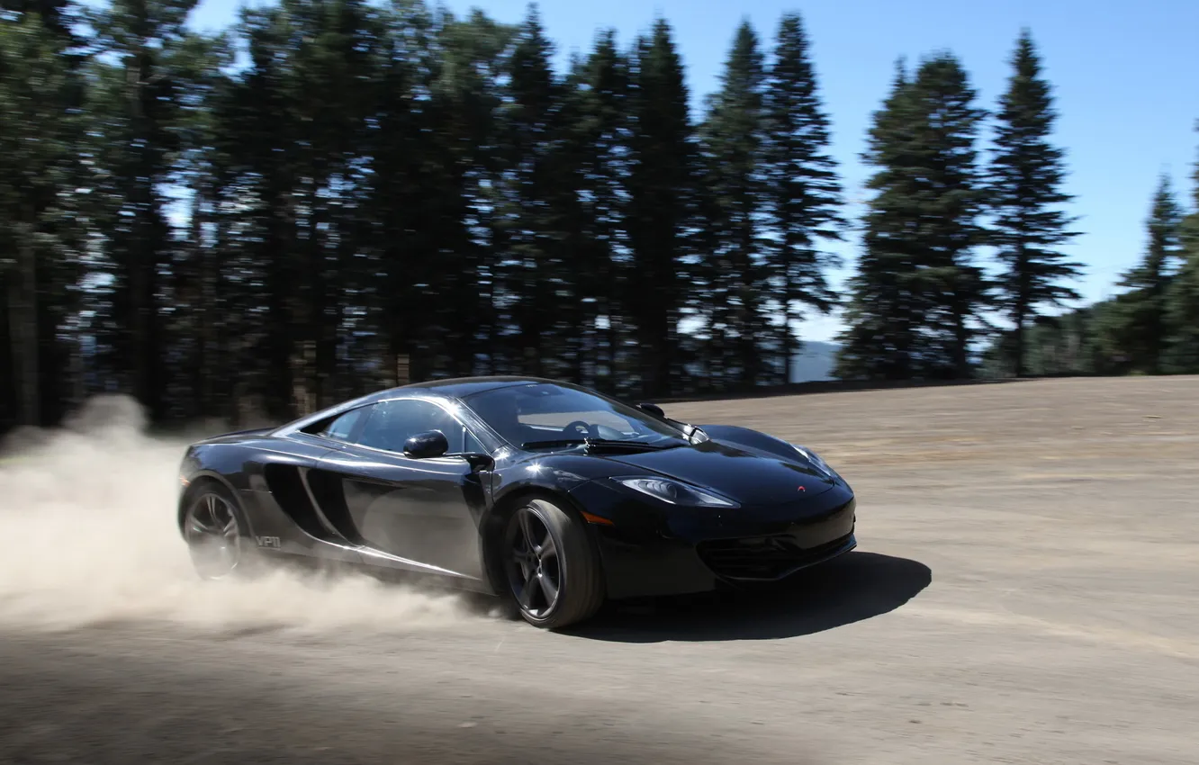 Photo wallpaper the sky, trees, dust, gravel, McLaren.MP4-12C