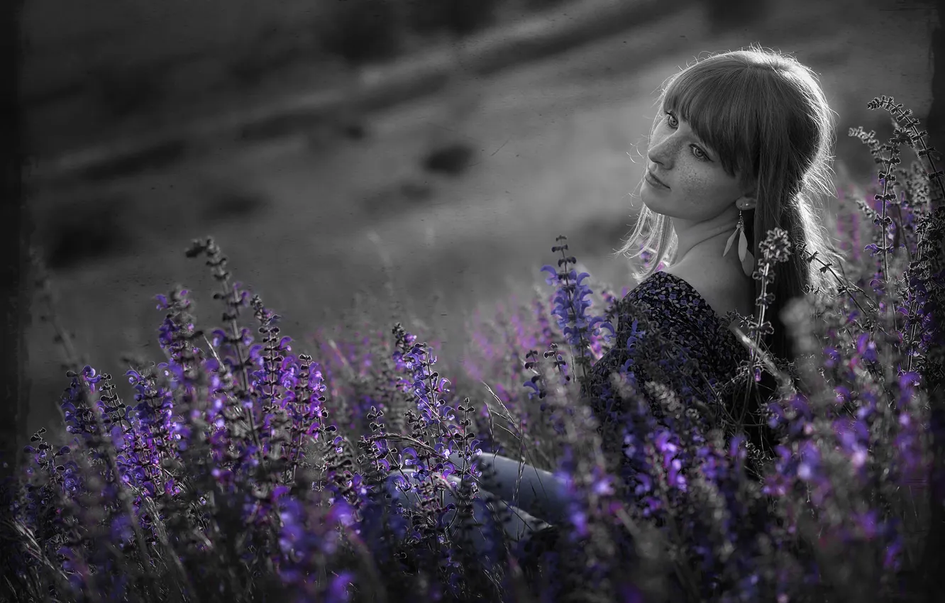 Photo wallpaper girl, freckles, flowers, purple dream
