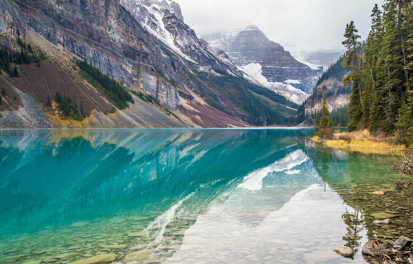 Photo wallpaper winter, forest, snow, mountains, lake