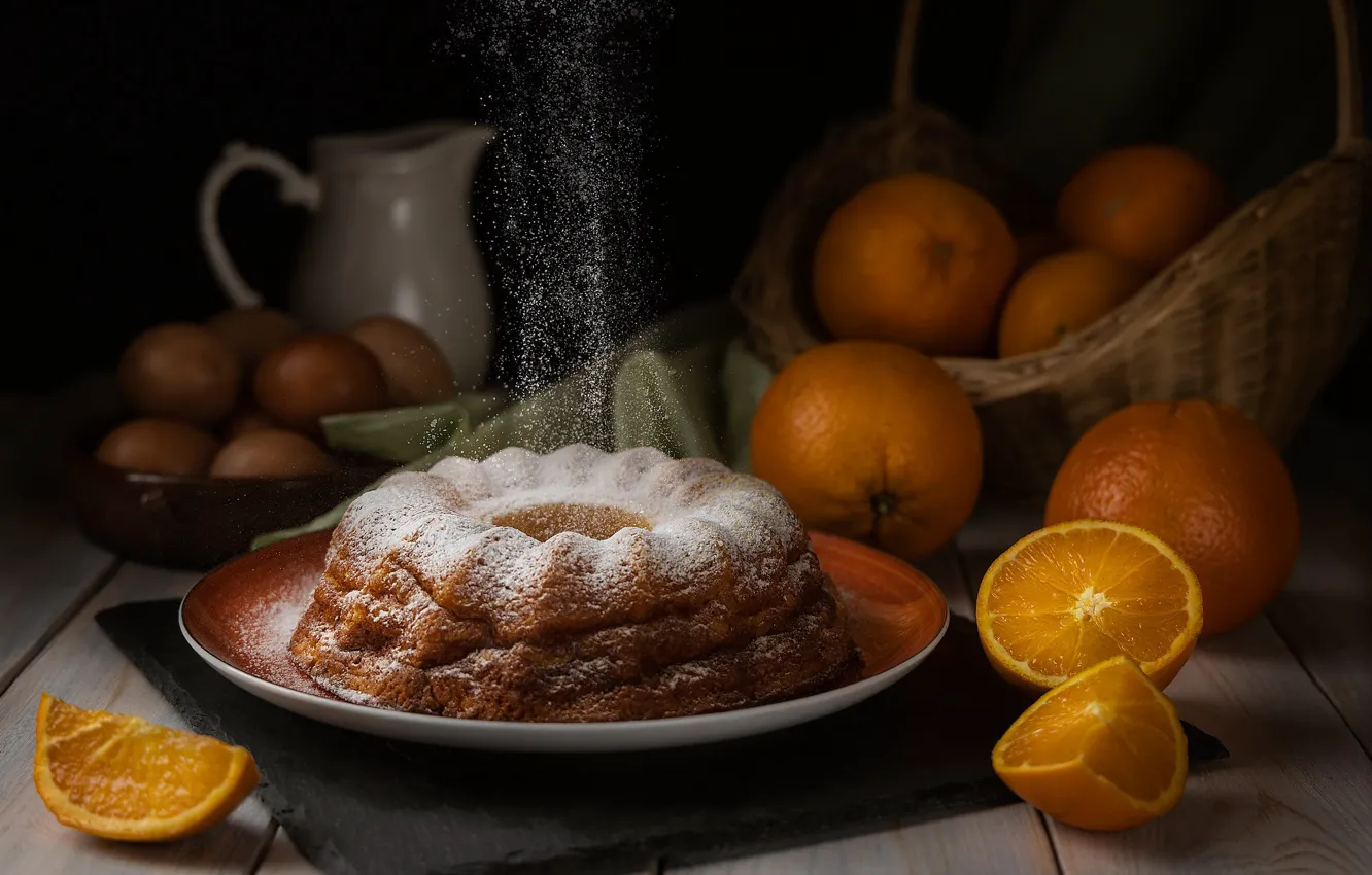 Photo wallpaper oranges, powdered sugar, biscuit
