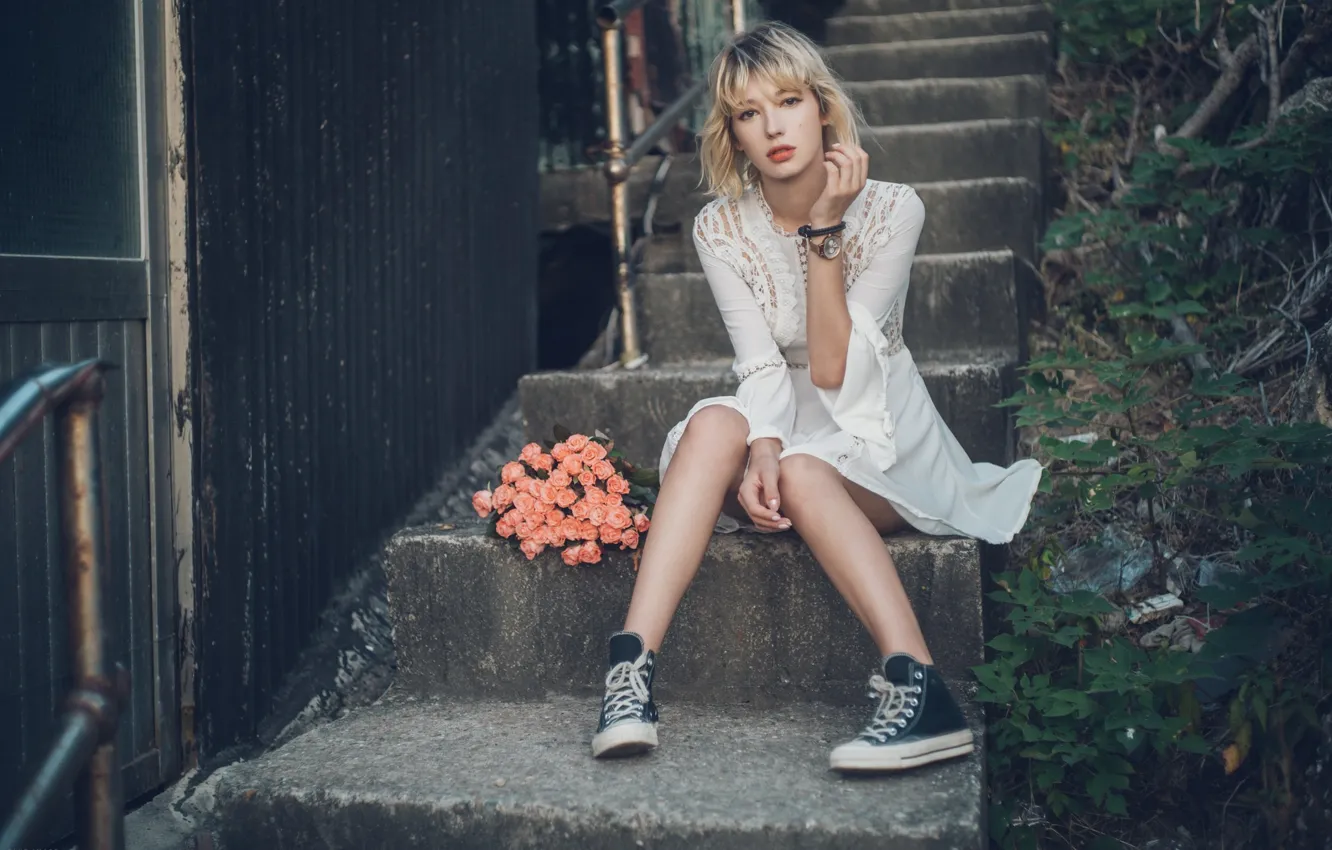 Photo wallpaper look, flowers, pose, model, sneakers, portrait, makeup, dress