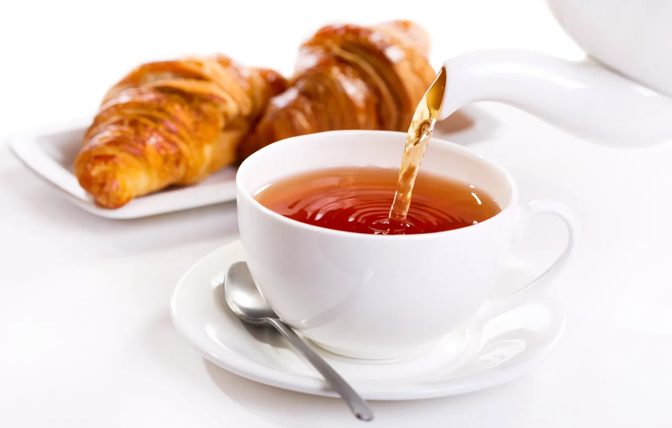 Photo wallpaper tea, Breakfast, cup, growing, breakfast, croissant, tea