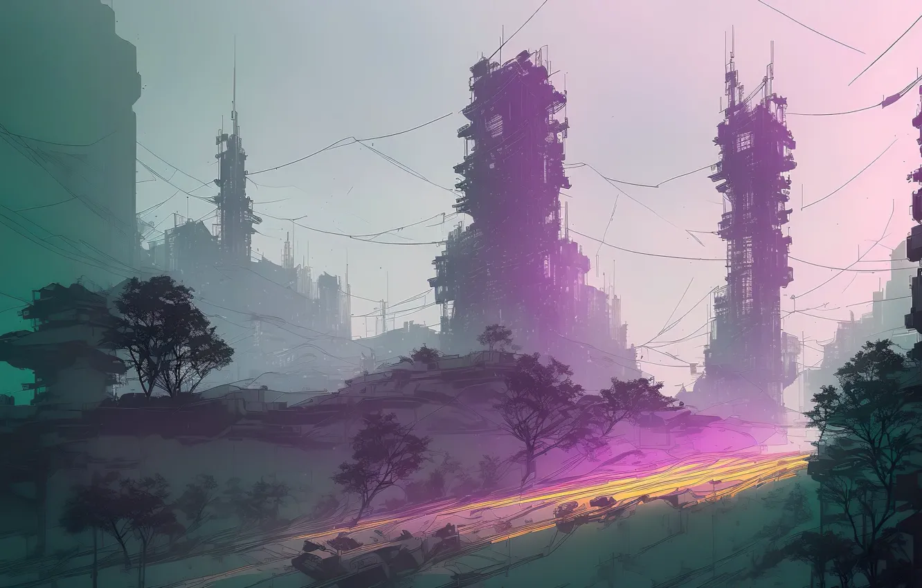 Photo wallpaper city, landscape, art, fantastic, Future, dystopia, digital art, Stable Diffusion