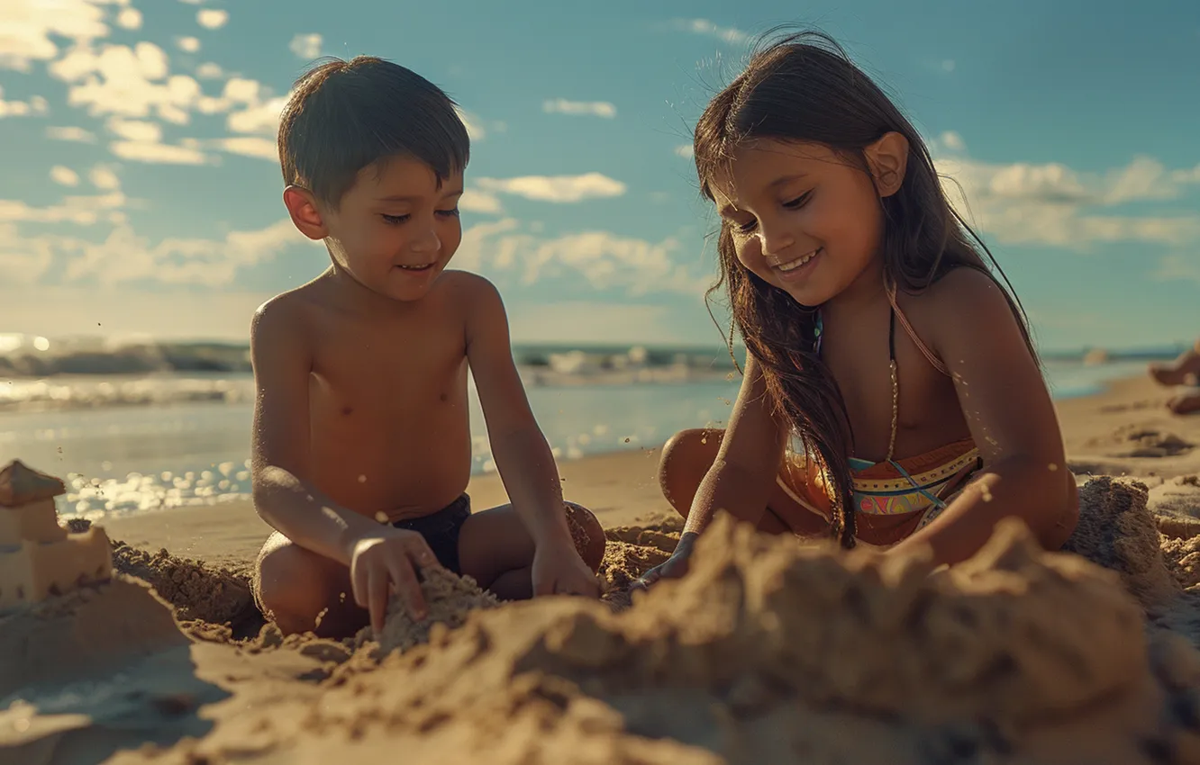 Photo wallpaper sand, beach, children, smile, positive, coast, A girl and a boy, thar