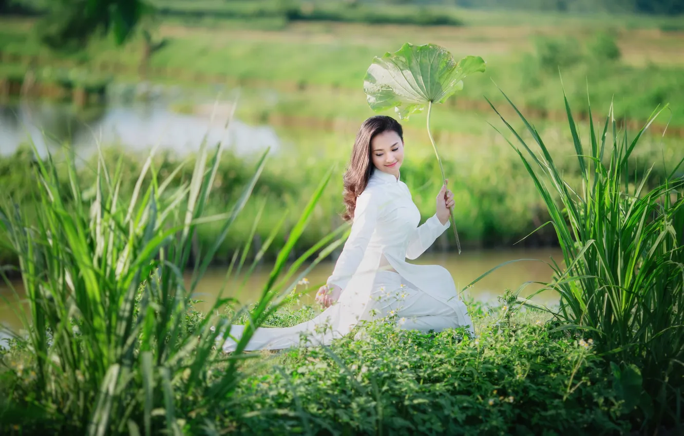 Photo wallpaper grass, girl, shore, Asian, white dress, pond