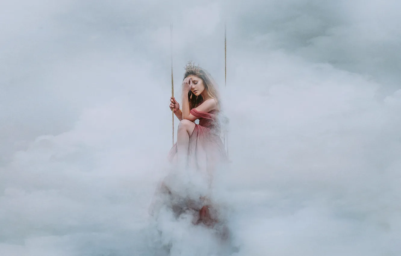 Photo wallpaper pose, Princess, fog, crown, dress, girl, swing, clouds