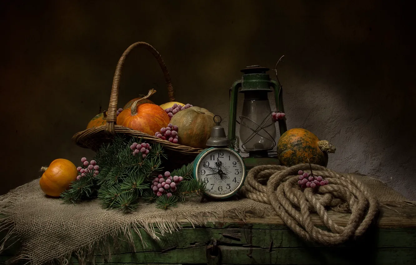 Photo wallpaper flowers, branches, berries, table, watch, food, rope, lights